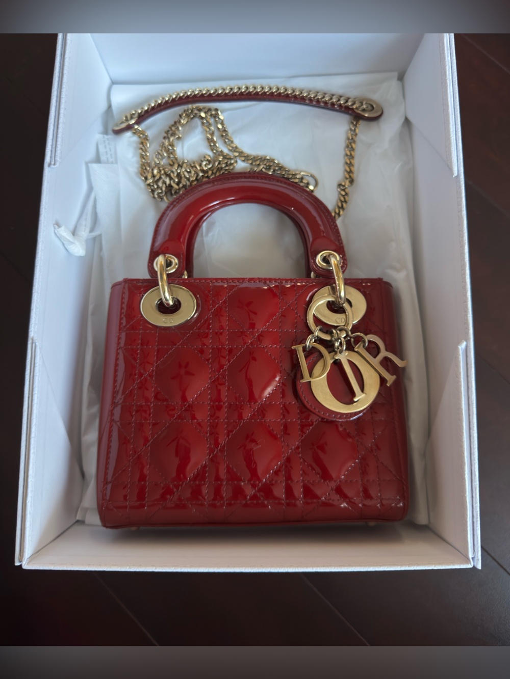 CHRISTIAN DIOR Patent Cannage Mini Lady Dior in Red.
